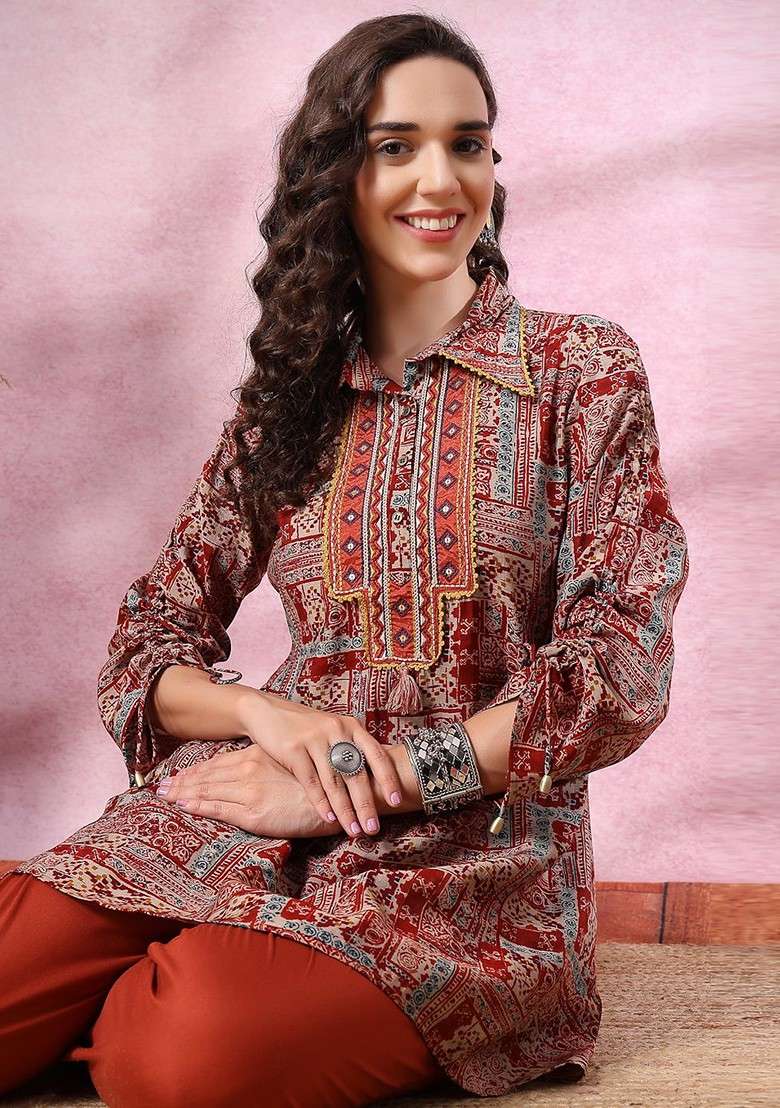 Rust Women Printed Tunic With Palazzos - Indya