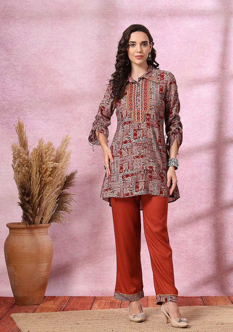 Rust Women Printed Tunic With Palazzos - Indya