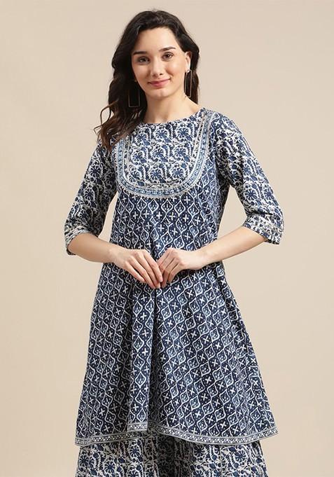 Blue Printed Pure Cotton Aline Kurta With Sharara Set