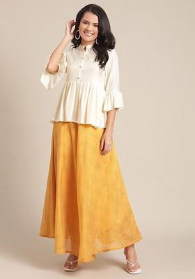 Cream Women Creamcoloured And Mustard Yellow Printed Silk Blend Top And Skirt Coords Set