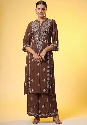 Brown Embroidered Mandarin Collar Pure Cotton Tunic With Palazzo