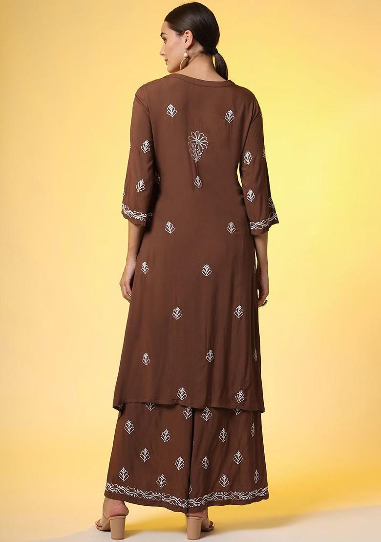 Brown Embroidered Mandarin Collar Pure Cotton Tunic With Palazzo - Indya