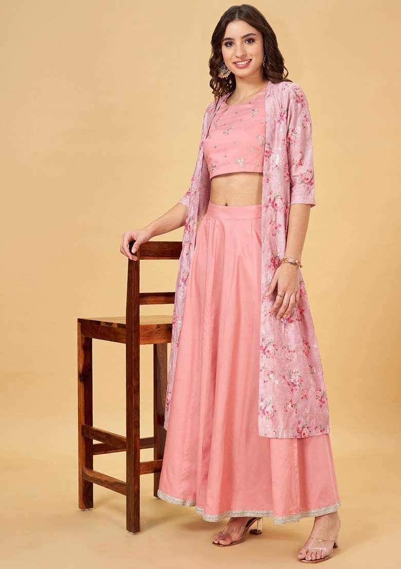 Peach Embroidered Sleeveless Ethnic Coords And Jacket - Indya