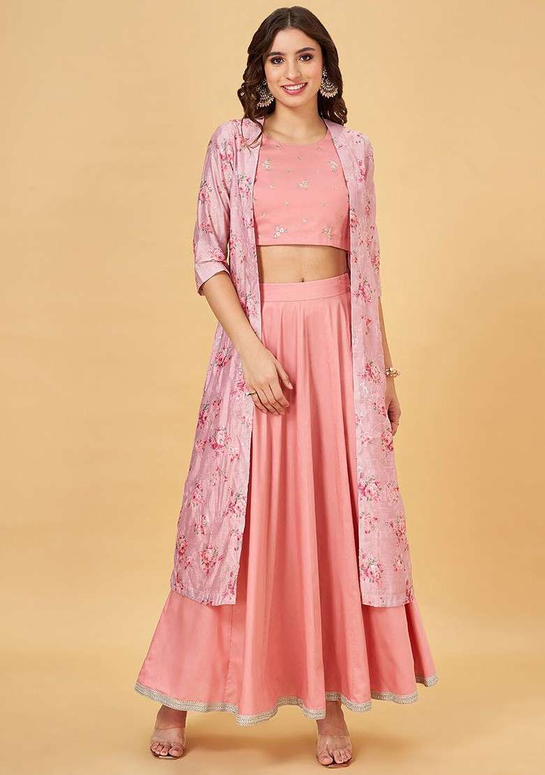 Peach Embroidered Sleeveless Ethnic Coords And Jacket - Indya