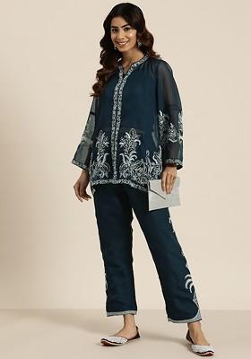 Teal Women Embroidered Ethnic Coords Set