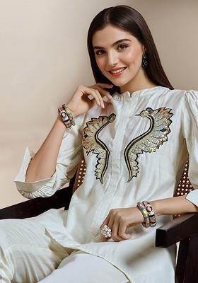 Off White Embellished Round Neck Pure Cotton Tunic And Trouser