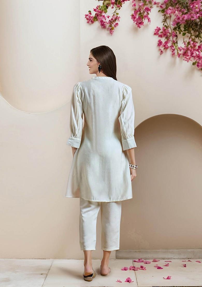 Off White Embellished Round Neck Pure Cotton Tunic And Trouser