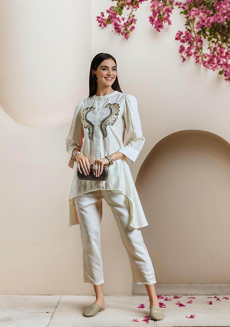Off White Embellished Round Neck Pure Cotton Tunic And Trouser