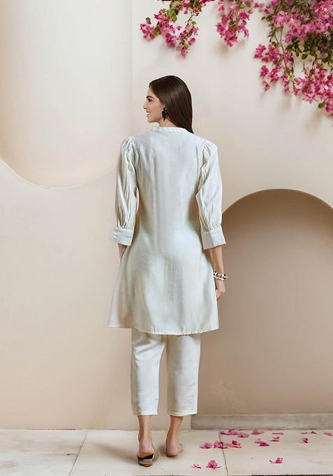Off White Embellished Round Neck Pure Cotton Tunic And Trouser