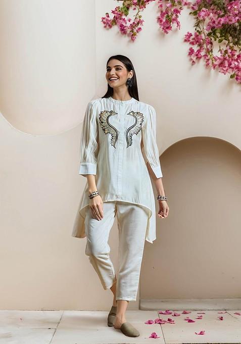 Off White Embellished Round Neck Pure Cotton Tunic And Trouser