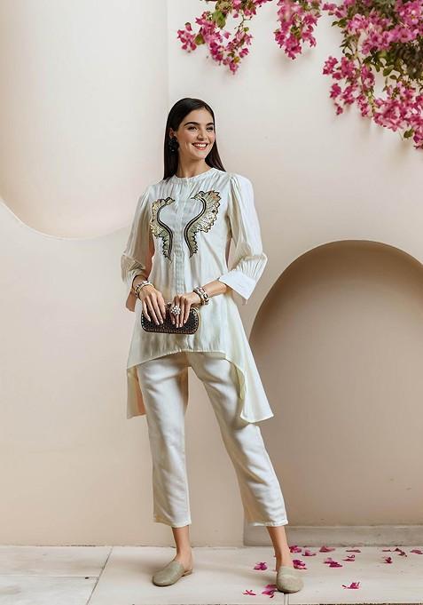Off White Embellished Round Neck Pure Cotton Tunic And Trouser