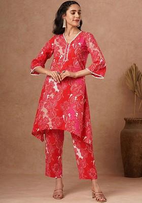 Red Ethnic Motifs Printed Vneck Threequarter Sleeves Pure Cotton Top With Trouser