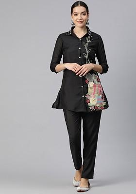 Black Women Embroidered Pure Silk Tunic With Trousers