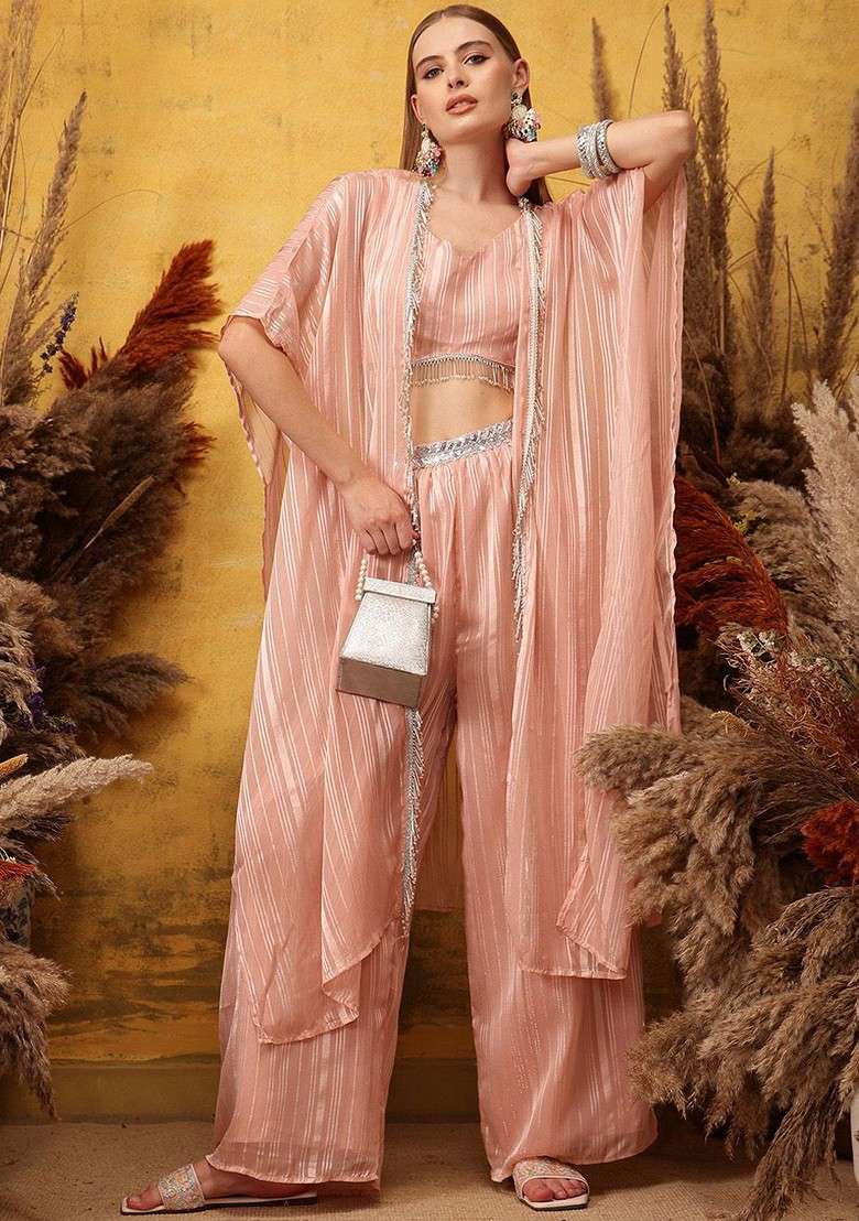 Pink Striped Vneck Top And Palazoo With Shrug - Indya