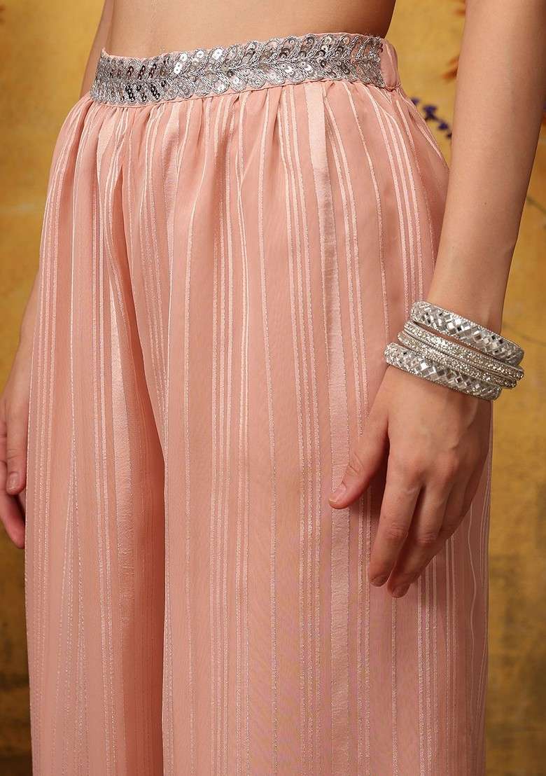 Pink Striped Vneck Top And Palazoo With Shrug - Indya