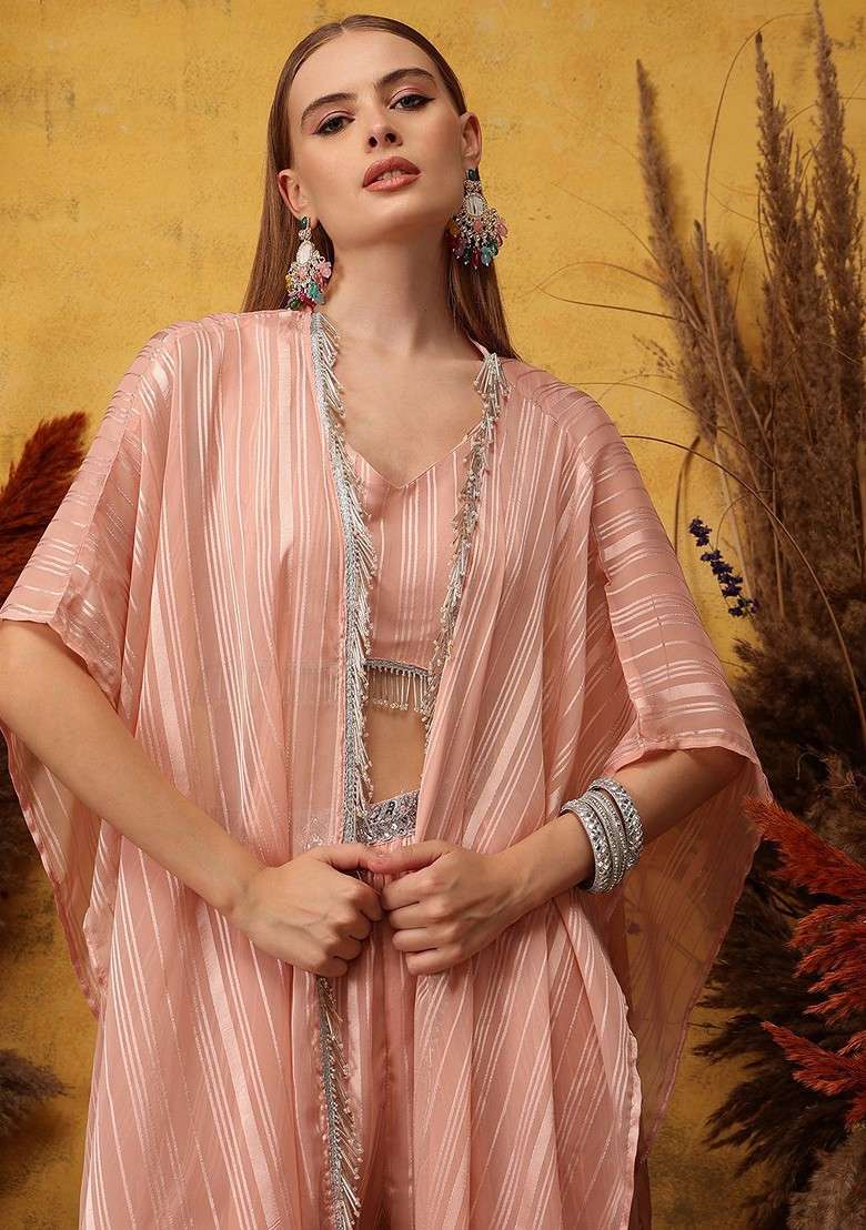 Pink Striped Vneck Top And Palazoo With Shrug - Indya
