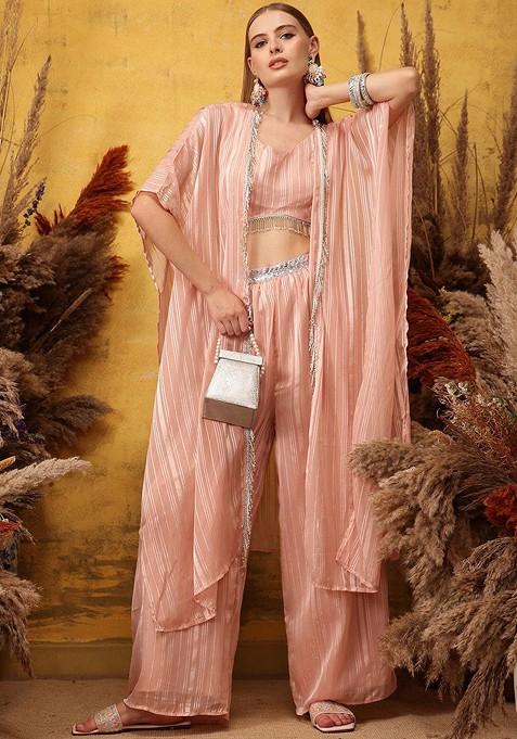 Pink Striped Vneck Top And Palazoo With Shrug