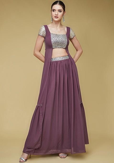 Mauve Mauve Embellished Square Neck Crop Top With Skirt — view on Indya