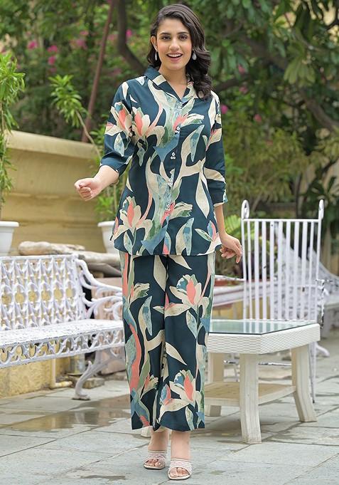 Teal Floral Printed Tunic And Trousers Coords