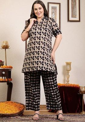 Black Printed Shirt Collar Short Sleeves Pure Cotton Top With Trouser