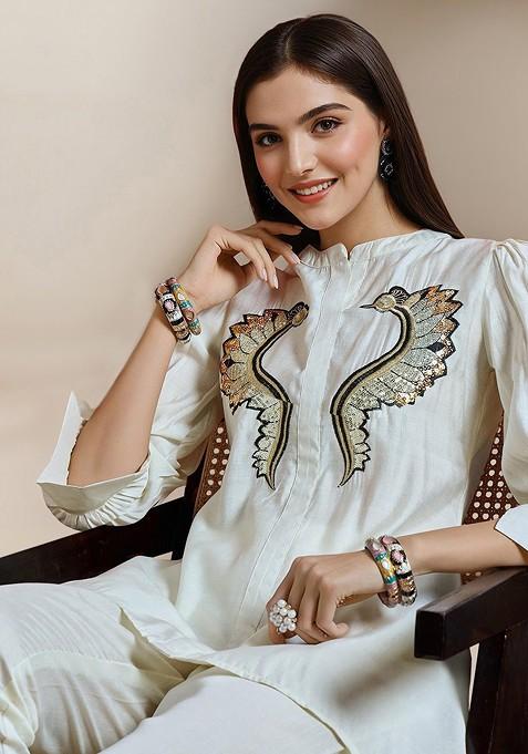 Off White Embroidered Pure Cotton Tunic With Trouser Coords