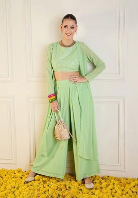 Green Embroidered Top; Shrug And Palazzos Coords