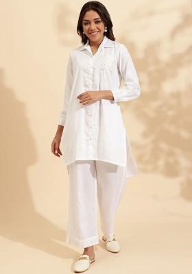 White Embroidered Shirt Collar Pure Cotton Tunic And Trousers