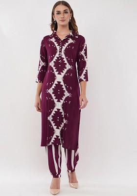 Burgundy Summer Garden Abstract Printed Ethnic Tunic With Trouser Coords