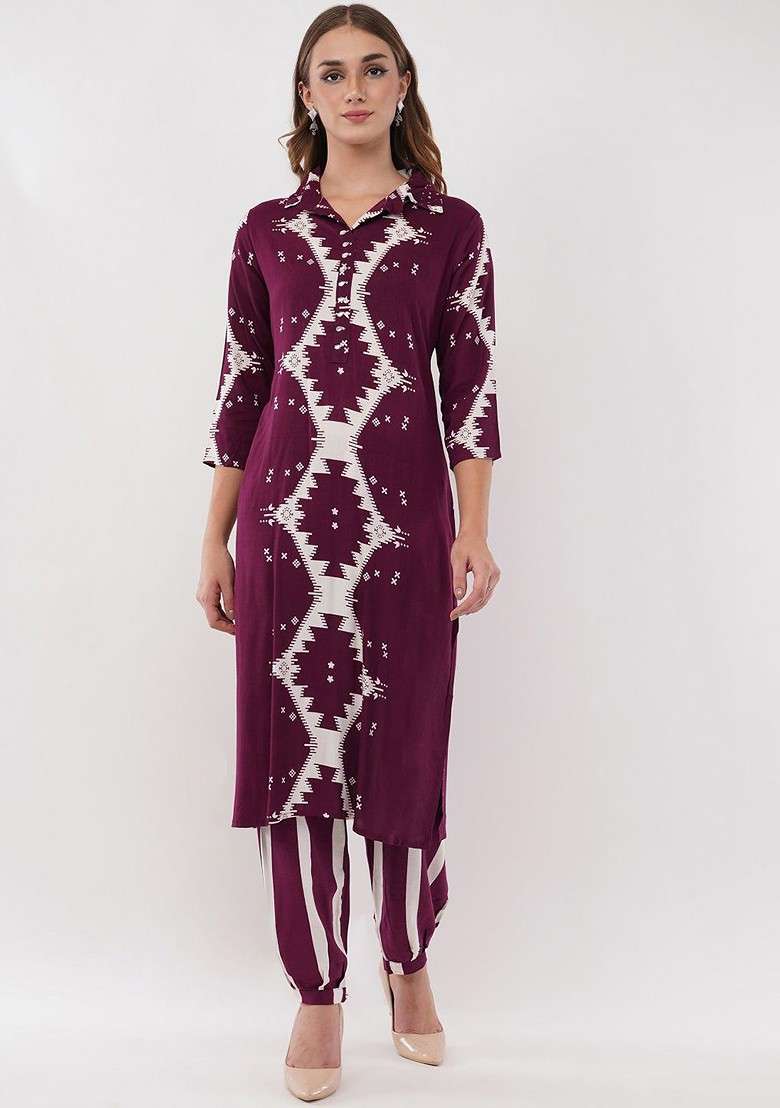 Burgundy Summer Garden Abstract Printed Ethnic Tunic With Trouser Coords - Indya