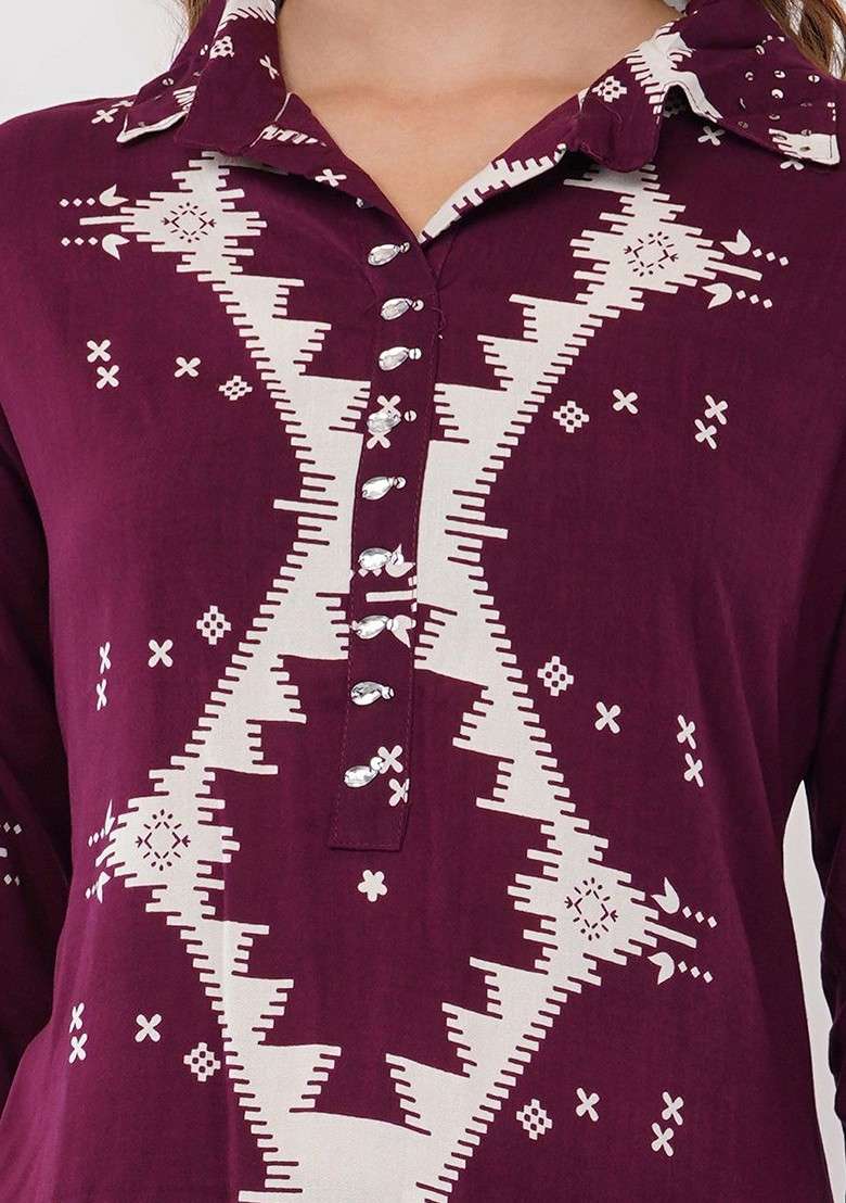 Burgundy Summer Garden Abstract Printed Ethnic Tunic With Trouser Coords - Indya