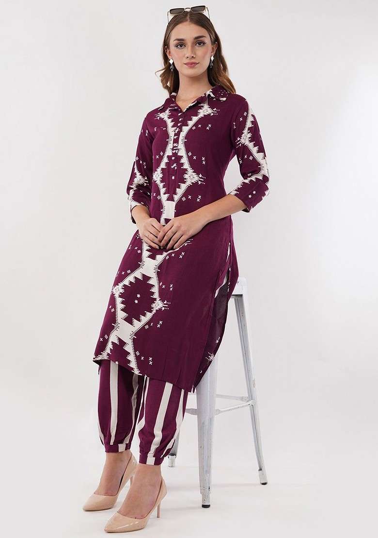 Burgundy Summer Garden Abstract Printed Ethnic Tunic With Trouser Coords - Indya