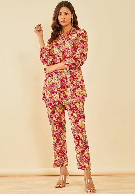 Red Women Printed Coord Set With Cutdana