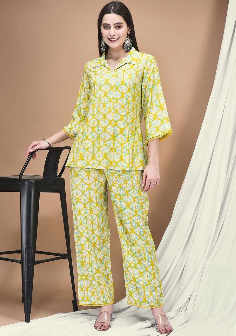 Yellow Tie Dye Printed Shirt Collar Neck Tunic With Trouser Coords - Indya