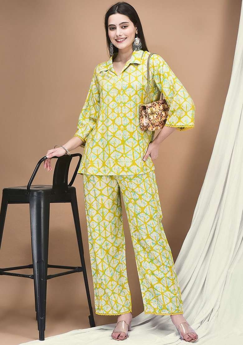 Yellow Tie Dye Printed Shirt Collar Neck Tunic With Trouser Coords - Indya