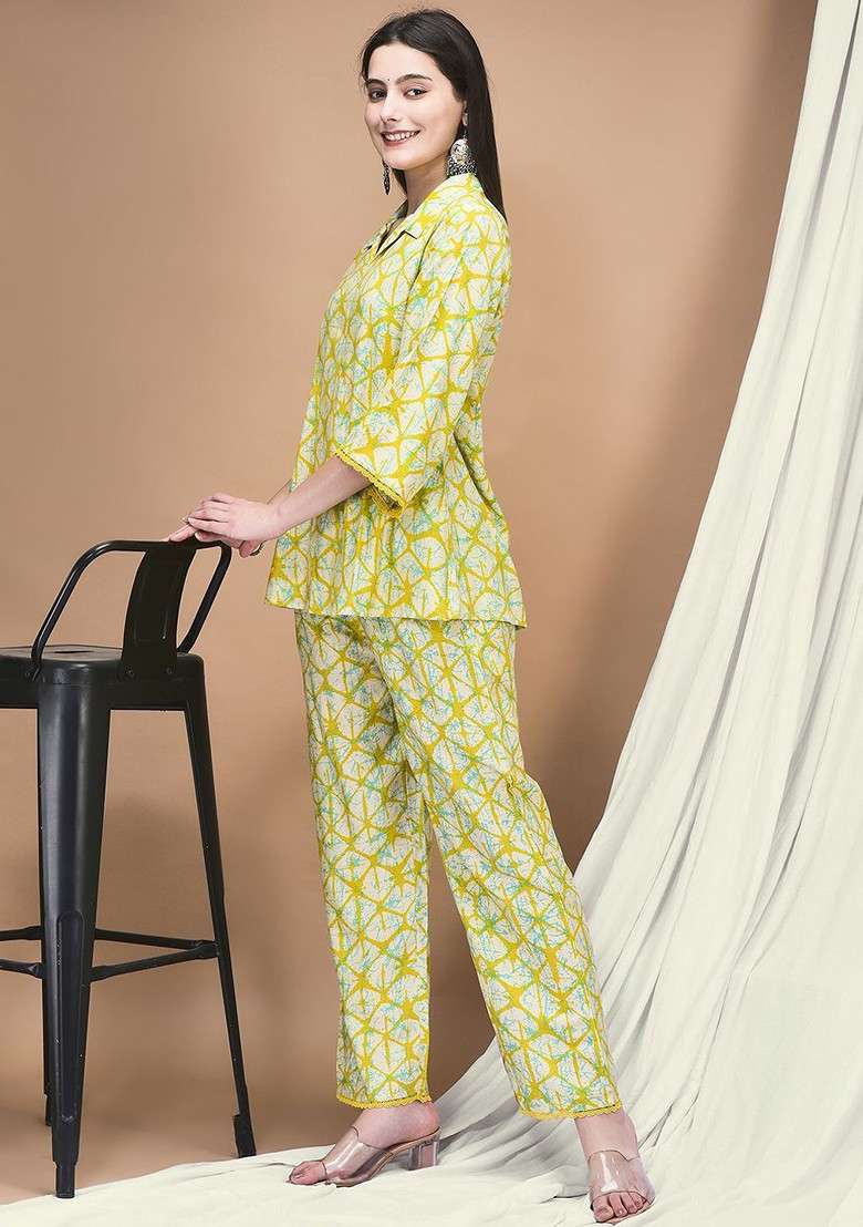 Yellow Tie Dye Printed Shirt Collar Neck Tunic With Trouser Coords - Indya