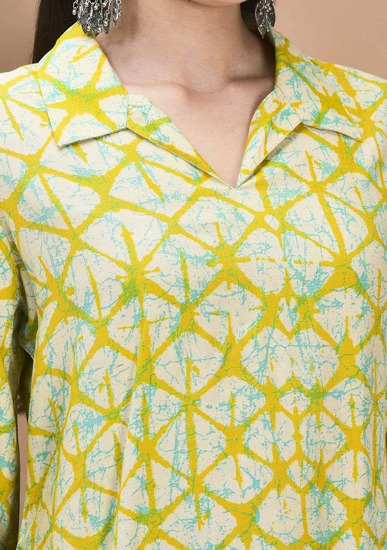 Yellow Tie Dye Printed Shirt Collar Neck Tunic With Trouser Coords - Indya