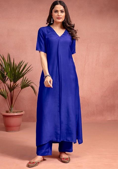 Blue Vneck Short Sleeves Top With Trouser