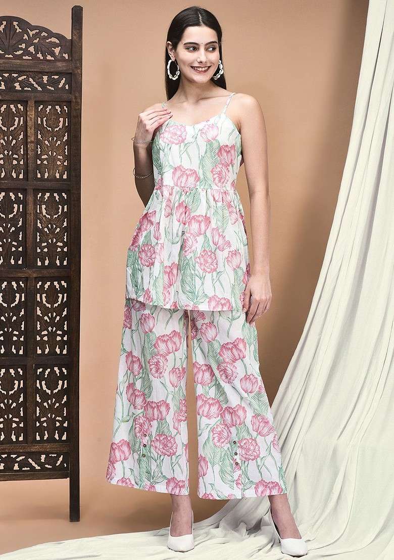 White Floral Printed Pure Cotton Shoulder Straps Neck Tunic With Trousers Coords - Indya