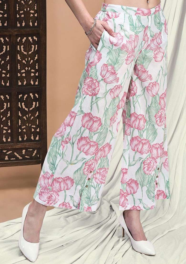 White Floral Printed Pure Cotton Shoulder Straps Neck Tunic With Trousers Coords - Indya