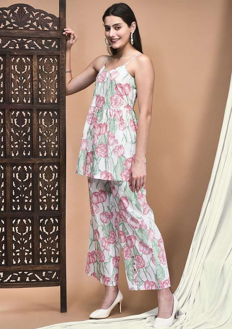 White Floral Printed Pure Cotton Shoulder Straps Neck Tunic With Trousers Coords - Indya