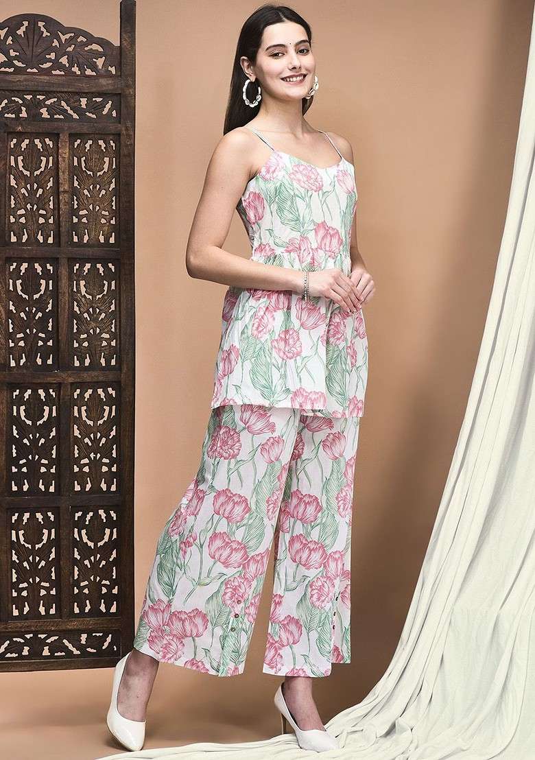 White Floral Printed Pure Cotton Shoulder Straps Neck Tunic With Trousers Coords - Indya