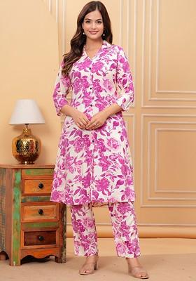 Off White Floral Printed Shirt Collar Pure Cotton Tunic Ith Trousers