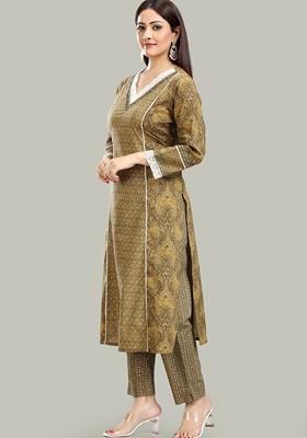 Brown Floral Printed Vneck Pure Cotton Aline Kurta With Palazzo