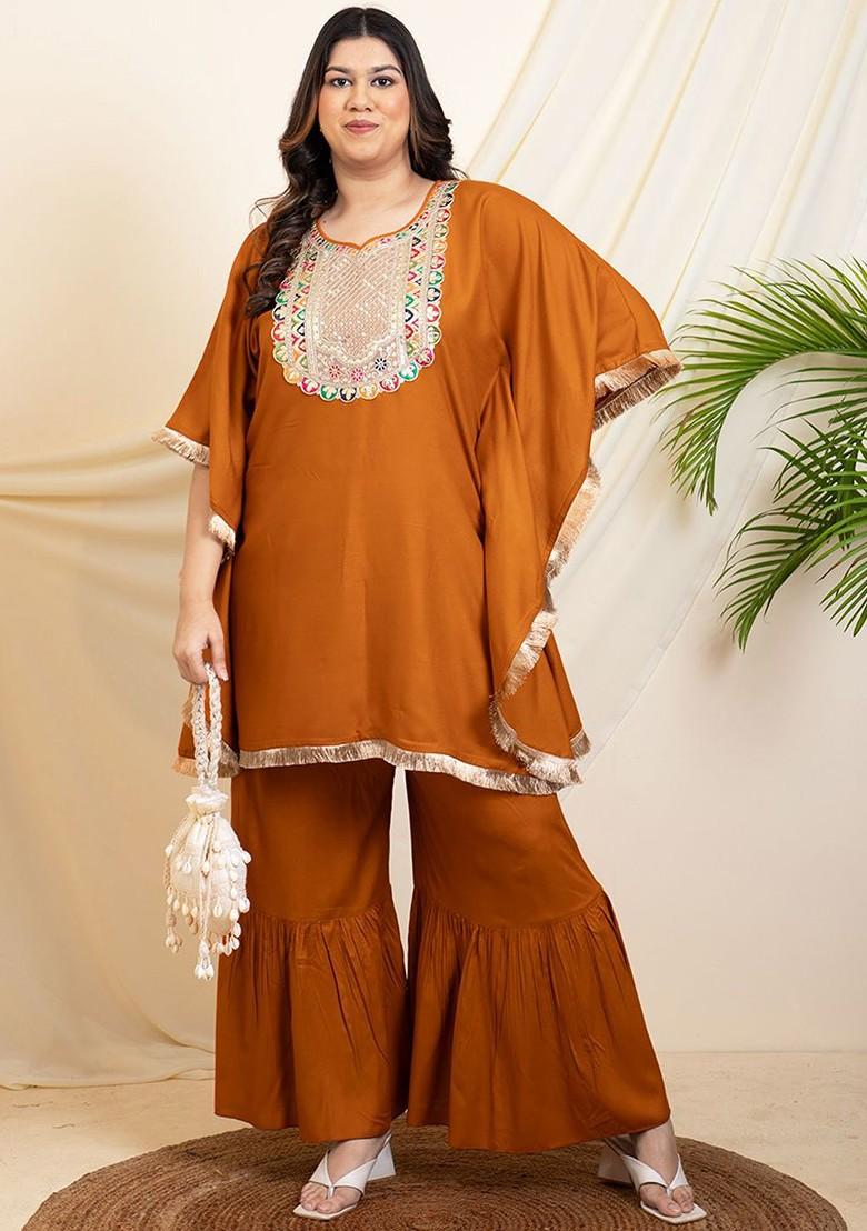 Tan Embroidered Sweetheart Neck Short Sleeves Kaftan With Sharara