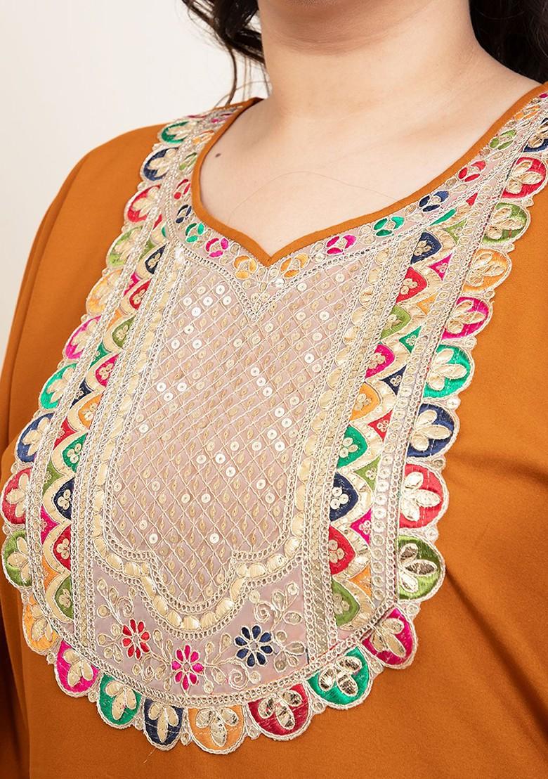 Tan Embroidered Sweetheart Neck Short Sleeves Kaftan With Sharara