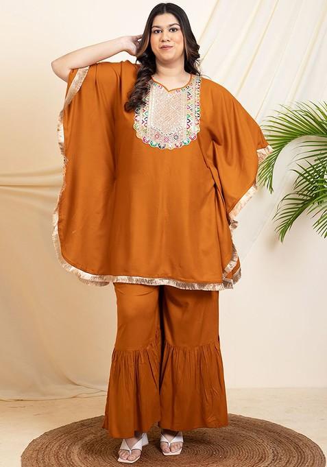 Tan Embroidered Sweetheart Neck Short Sleeves Kaftan With Sharara