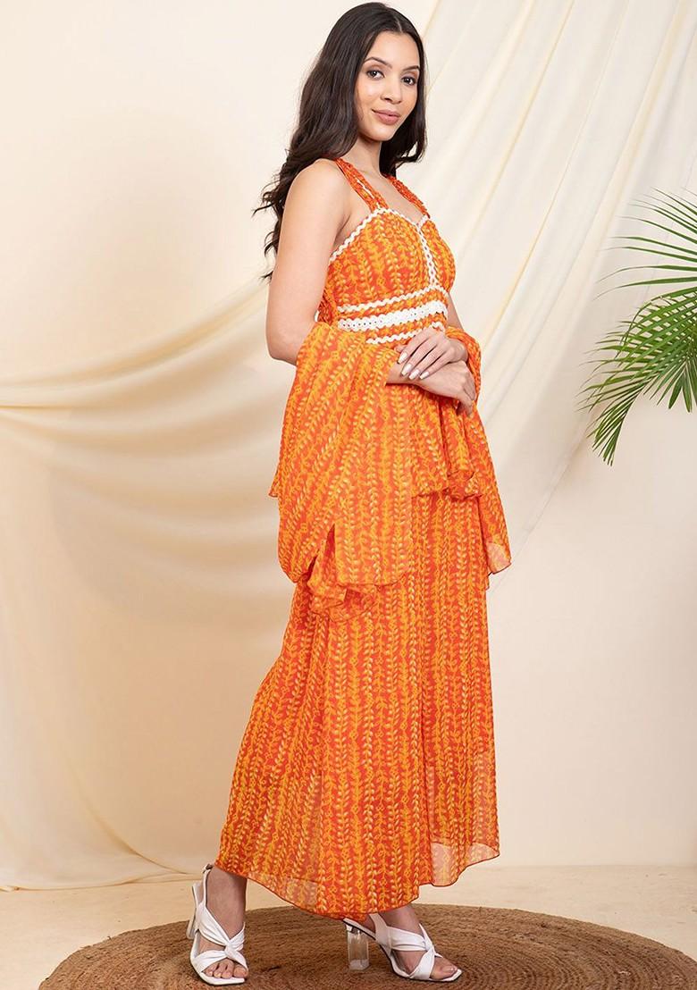 Orange Printed Tunic And Sharara With Dupatta Coords - Indya