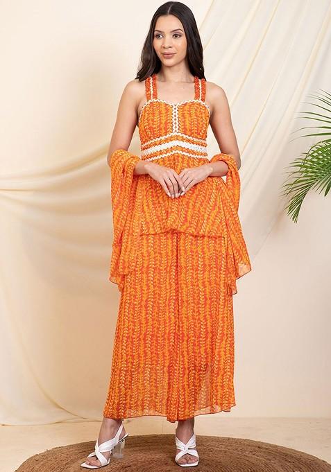 Orange Printed Tunic And Sharara With Dupatta Coords
