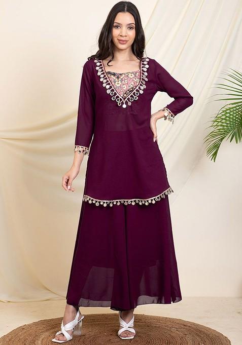Maroon Printed V Neck Kurti; Top And Sharara Coords Set