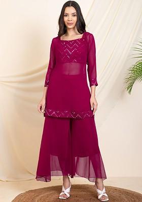 Magenta Embroidered V Neck Kurti; Top And Sharara Coords Set